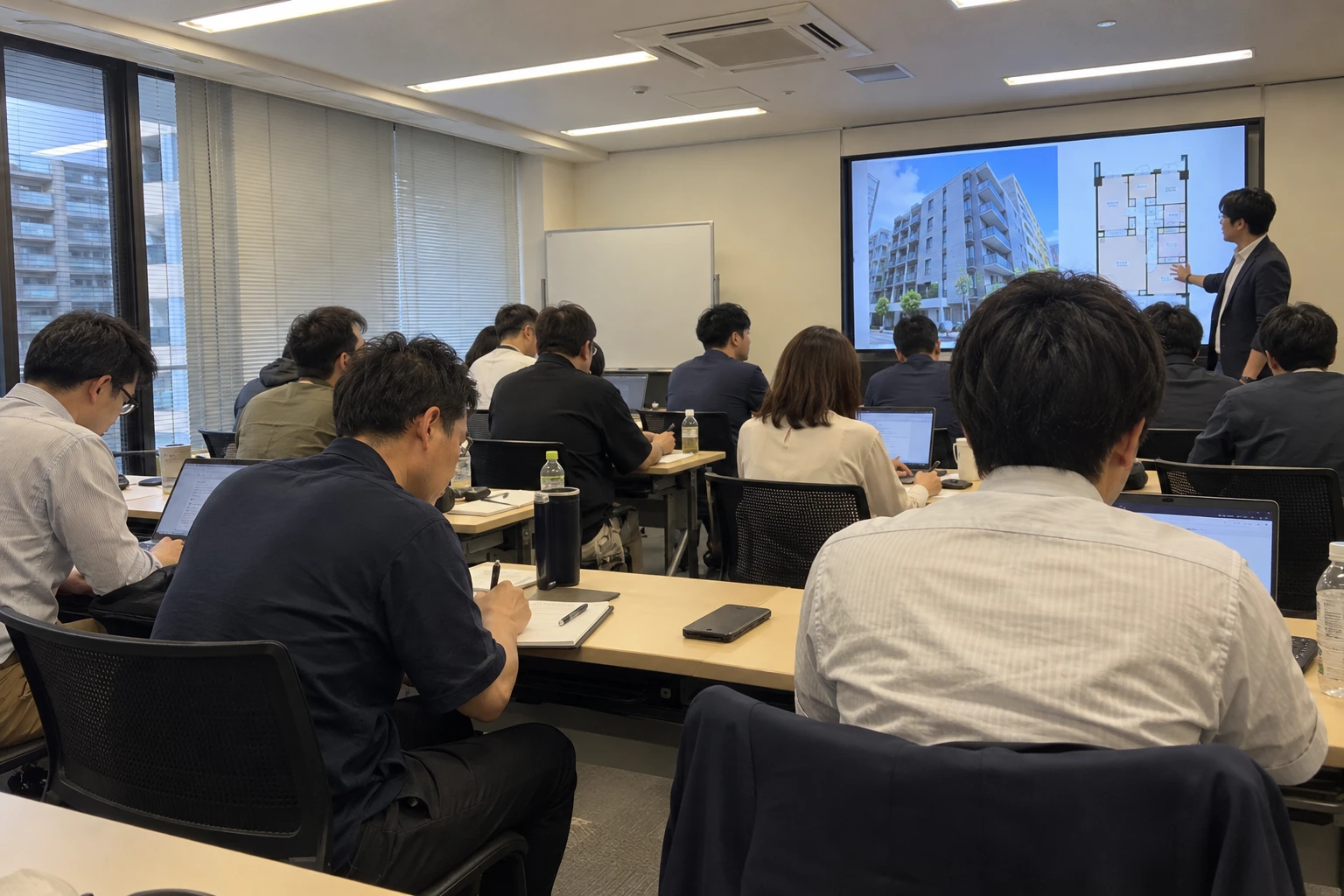 セミナールームで、建物の写真と間取り図を映した画面を前に学ぶ会員の勉強会